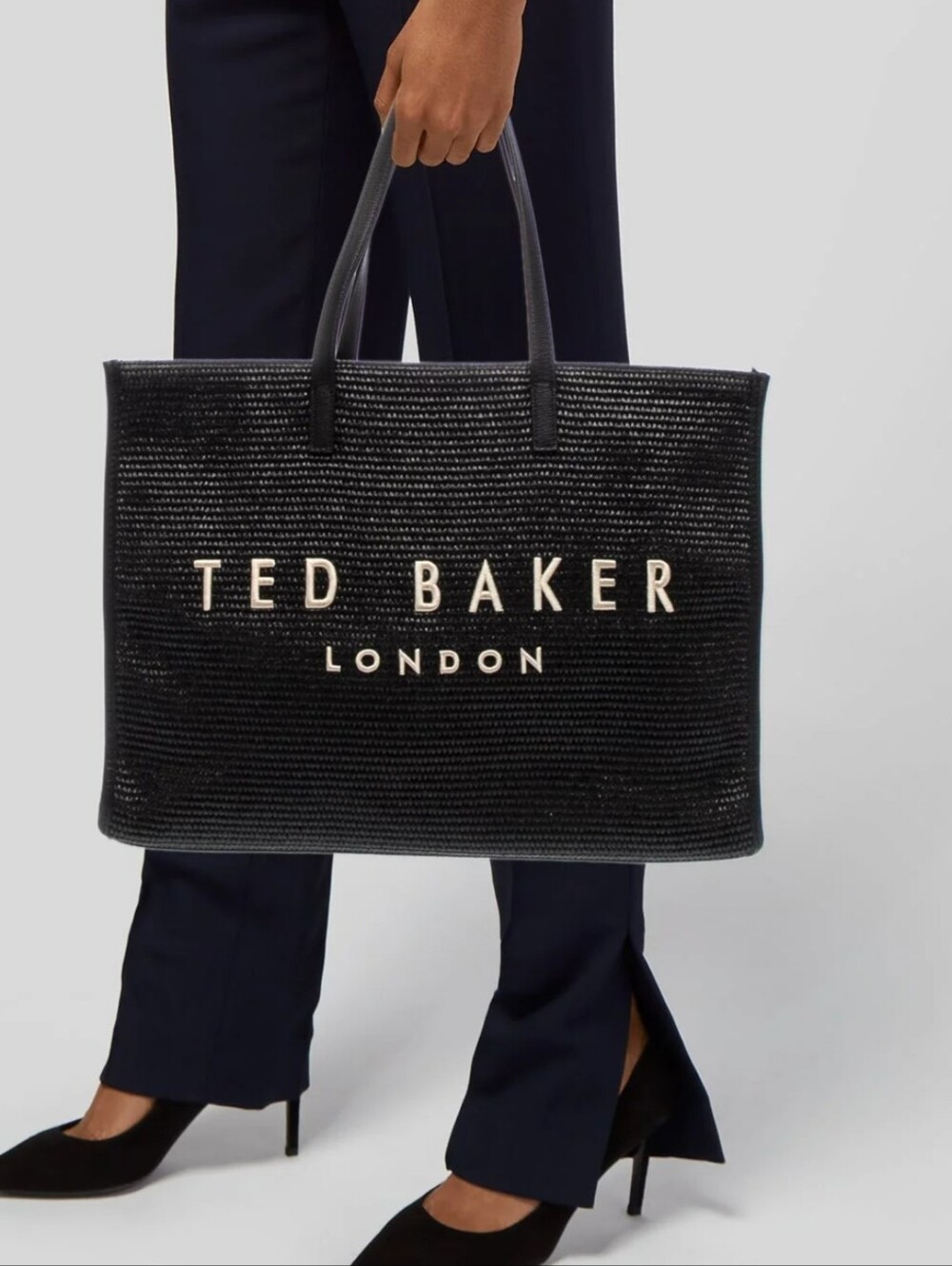 Ted Baker London Palmer Raddia Black Tote with Gold Lettering
